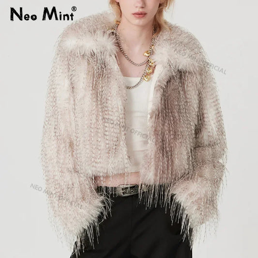 Exclusive Designer  Winter Gradient Faux Peacock Fur Coat Women Furry Tassels Fur Jackets Chic Y3k Girls Outerwears