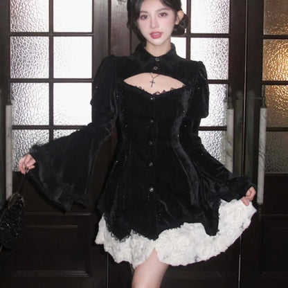 Y2K Gothic Black Mini Dresses Women Flare Sleeve O-neck Hollow Out Ruffles Patchwork A-line Korean Chic Party Dress Autumn New