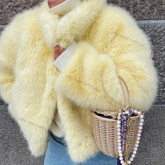 Winter Women Yellow Faux Fur Jacket Chic Girls Fashion Streetwear Thicken Warm Stand Collar Fox Fur Coat Outerwear