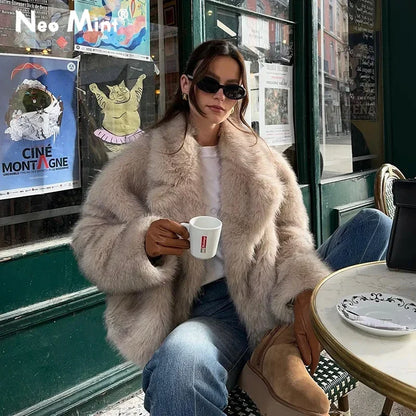 Chic Street Girls Gradient Faux Fur Jacket Women Winter  Brand Fashion Fluffy Fox Fur Coat Female Luxury Outerwear