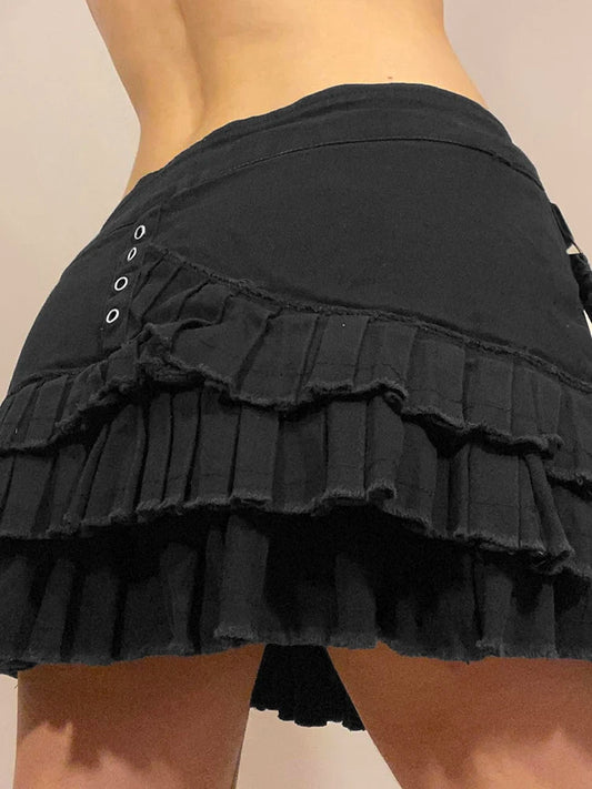Punk Gothic Black Eyelet Ribbon Denim Skirt Women Low Waist Asymmetrical Tiered Pleated Short Jean Skirts Y2K