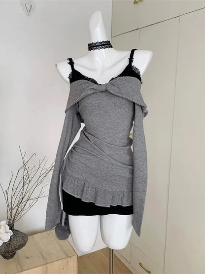Y2K Lace Two-piece Set Mini Dresses for Women Spaghetti Strap Knitted Underdress Korean Fashion Sexy Party Dress Female Vestidos