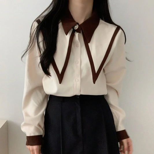 Vintage Shirts Women Korean Patchwork Black Long Sleeve Blouses Office Ladies Elegant Red Casual Chic Chiffon Tops New