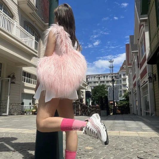 New Ins Trendy Heart Shaped Shoulder Bags Women Faux Sheep Fur Crossbody Bag Large Capacity Cute Y2k Kawaii Girls Handbags