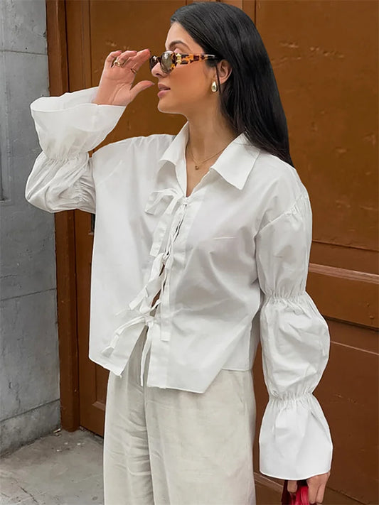 Chiffon Lace-Up Hollow Out Shirts Women&#8217;s Lapel Patchwork Bandage Long Sleeve Fashion Blouse Top Female White Outwear