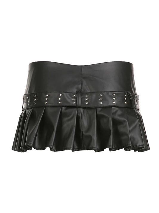 Punk Gothic Zipper Split Black PU Leather Pleated Skirt With Rivet Belt Women Sexy Baddie Outfits