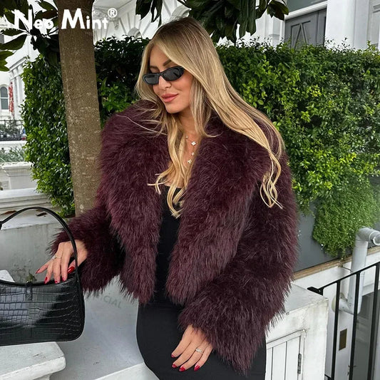Winter Hot Trendy Iconic Blogger Fashion Burgundy Faux Fur Coat Women Overcoat Girls Shawl Collar Lamb Fur Jacket
