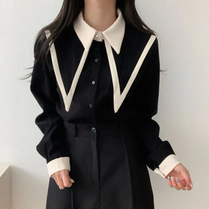 Vintage Shirts Women Korean Patchwork Black Long Sleeve Blouses Office Ladies Elegant Red Casual Chic Chiffon Tops New