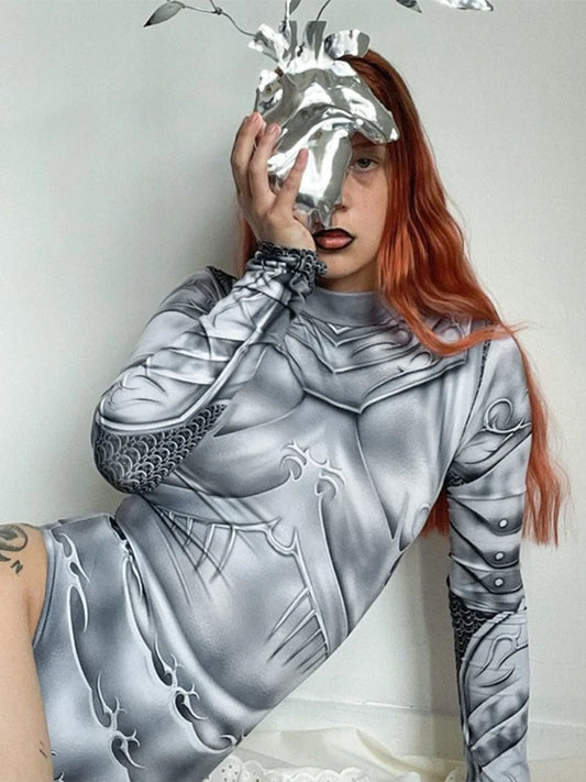 Printed Skinny Sexy Bodysuit Lingerie Gray One-pieces Bustier Long Sleeve Corset Top Streetwear Fashion Trends Women Clothing