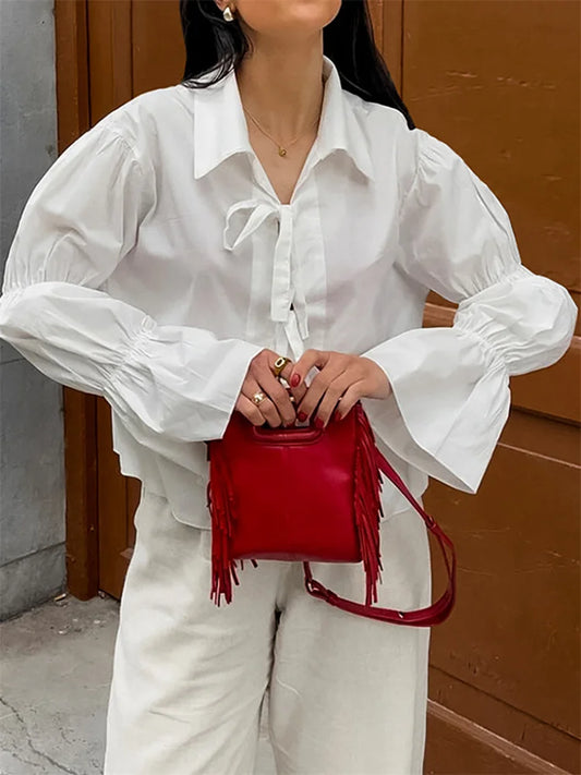 Chiffon Lace-Up Hollow Out Shirts Women&#8217;s Lapel Patchwork Bandage Long Sleeve Fashion Blouse Top Female White Outwear