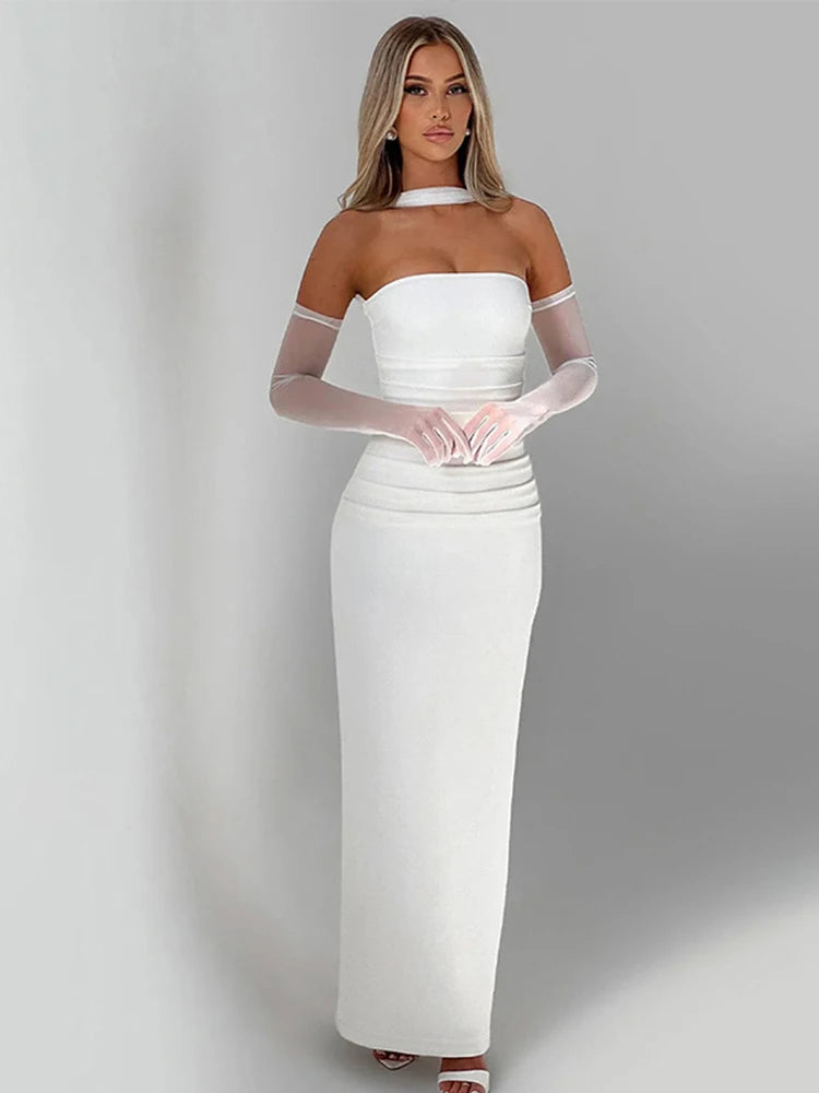 Vintage Pleated Tube Long Dresses Women Elegant Solid Slim Fit Sleeveless Dress With Silk Scarf Gloves Female Summer Evening