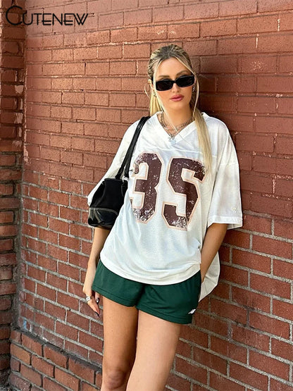 Printed Casual T-shirts Women Classic Concise Short Sleeve V-neck Loose Basic Tees Girls All-matched Daily Street Tops