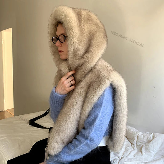 Exclusive Y3k Girls Hooded Sleeveless Faux Fur Coat Women Waistcoat Autumn Winter Gradient Fox Fur Vest Top Gilet Femme