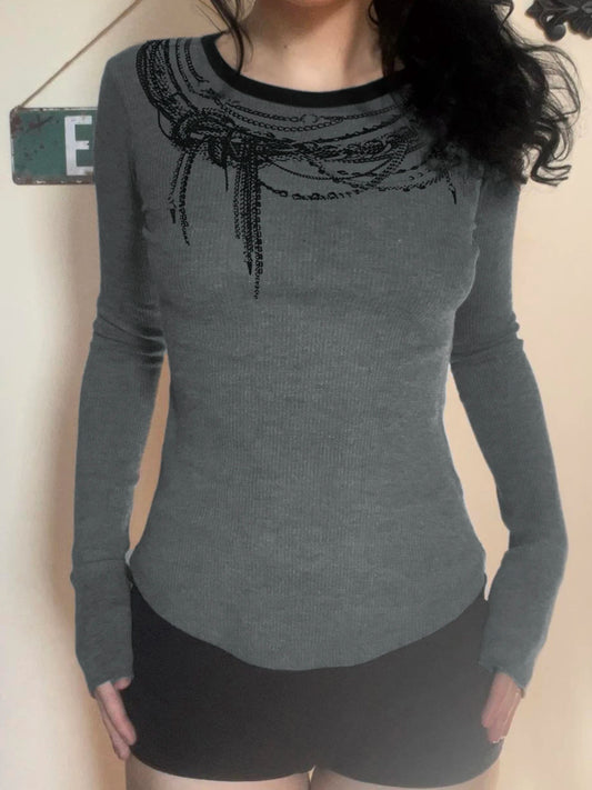 Solid Chain Print O-Neck Long Sleeve Women Blouses Gothic Punk Chic Fashion Autumn Basic Trendy Top Tees