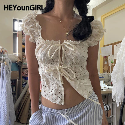 Jacquard Hollow Out Lace-up Cute Top Y2K Girls Short Sleeve Fitted Tee Shirt Ruffles Detail Square Collar Tops Women
