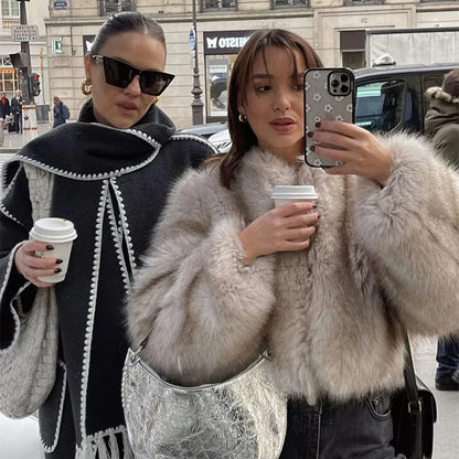 Iconic Street Fashion Week Luxury Brand Gardient Cropped Faux Fur Coat Women Winter  Hot Cool Girls Fluffy Short Fur Jacket