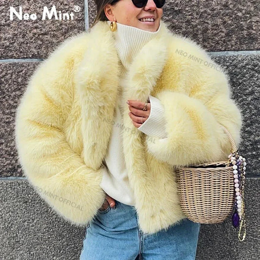 Winter Women Yellow Faux Fur Jacket Chic Girls Fashion Streetwear Thicken Warm Stand Collar Fox Fur Coat Outerwear