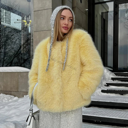Cool Street Girls Winter Fashion Fluffy Fox Fur Jacket Women Casual Round Neck Faux Fur Coat Chic Thick Warm Outerwear