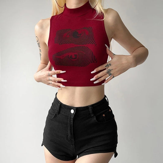Summer Tank Top Women Y2k Clothing Fashion Crop Top High Neck Red Printing Sleeveless Sexy Streetwear Girls&#8217; Short Tops