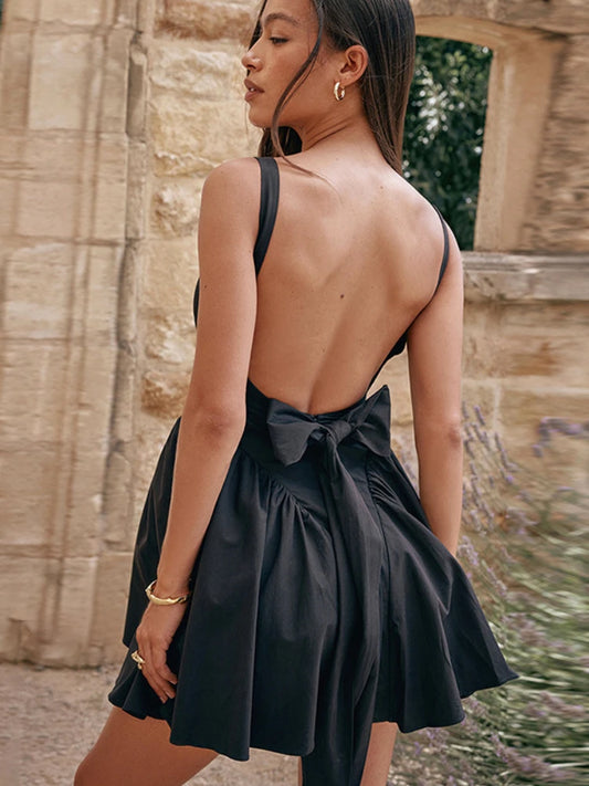 Bandage Backless Dress Women Bow Splice Folds Elegant High Waist Sundress Hot Girls 2025 Street Sexy Lace Up Dress Femme
