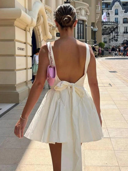 Bandage Backless Dress Women Bow Splice Folds Elegant High Waist Sundress Hot Girls 2025 Street Sexy Lace Up Dress Femme