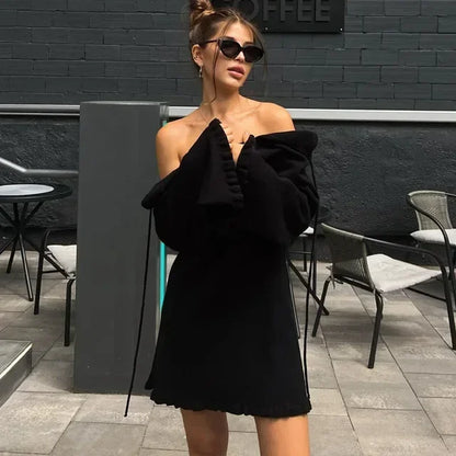 Knitted Backless Mini Dress For Women Lace Up Loose Solid Sexy Short Dresses Hot Girls Club Casual High Waist Dress Femme