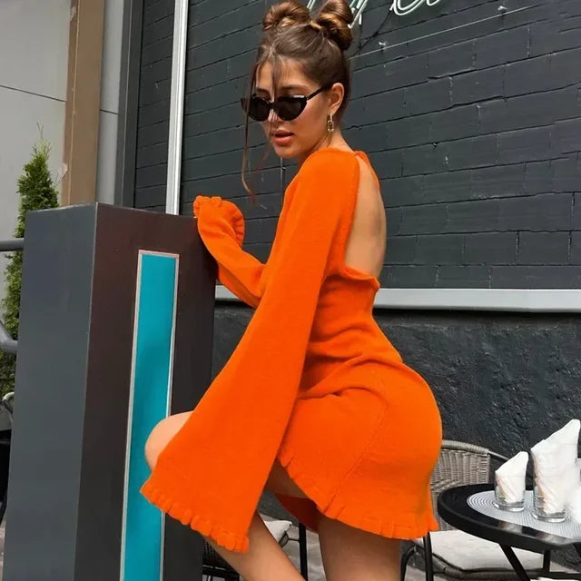 Knitted Backless Mini Dress For Women Lace Up Loose Solid Sexy Short Dresses Hot Girls Club Casual High Waist Dress Femme
