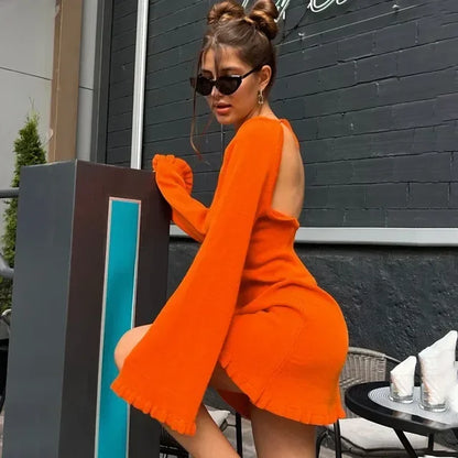 Knitted Backless Mini Dress For Women Lace Up Loose Solid Sexy Short Dresses Hot Girls Club Casual High Waist Dress Femme