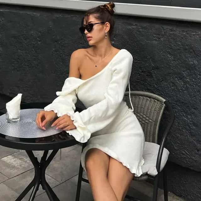 Knitted Backless Mini Dress For Women Lace Up Loose Solid Sexy Short Dresses Hot Girls Club Casual High Waist Dress Femme