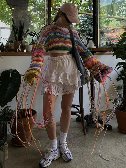 Knitted Tassels Cover Ups For Swimwear Women Sexy Loose Rainbow Shirt Girls Sweater Holiday Fashion Crop Pullover Femme