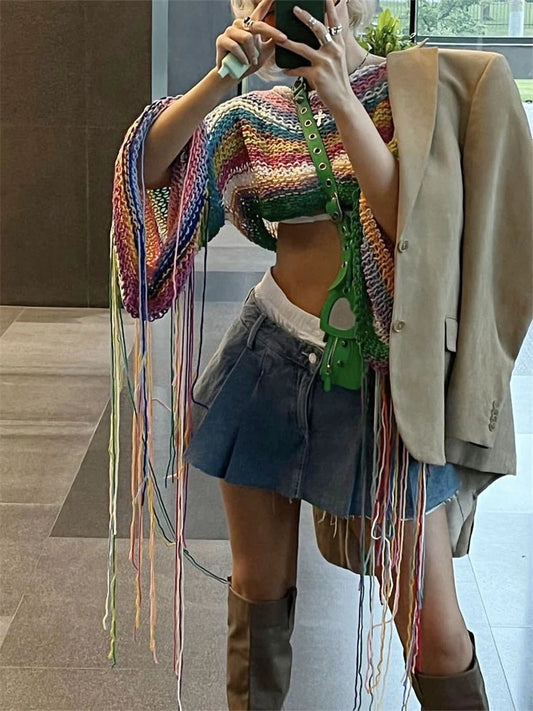 Knitted Tassels Cover Ups For Swimwear Women Sexy Loose Rainbow Shirt Girls Sweater Holiday Fashion Crop Pullover Femme