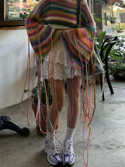 Knitted Tassels Cover Ups For Swimwear Women Sexy Loose Rainbow Shirt Girls Sweater Holiday Fashion Crop Pullover Femme