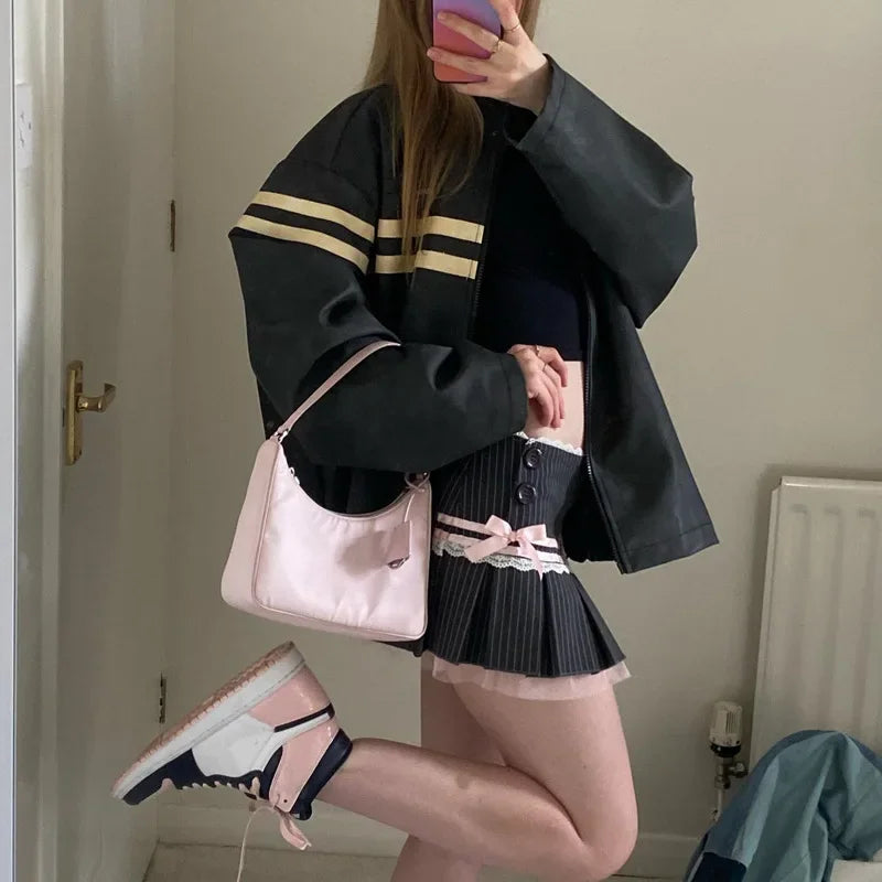 Lace Splice Mini Skirts For Women Bow Bandage Fashion Folds Skirt Hot Girls Winter Casual Lace-up High Waist Skirt Ladies