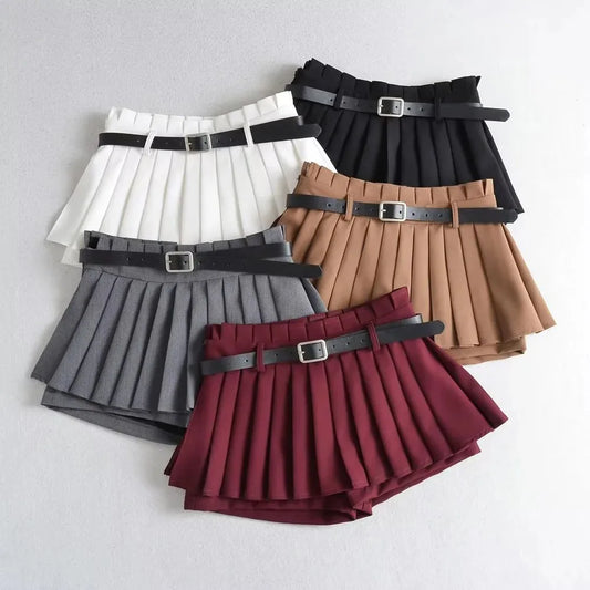 Low Waist Slim Mini Pleated Skirt For Women 2025 Summer Casual Black Belt Skirts Babes Fashionable Solid Une Jupe Ligne