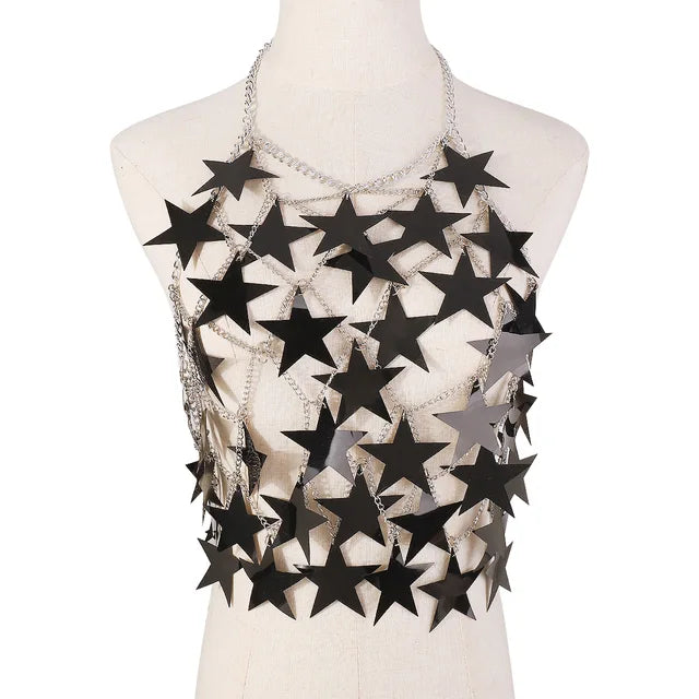 Metal Stars Sequins Bikini Tank Top Women See Through Fashion Solid Crop Tops Woman Holiday Beach Sexy Hot Girls Cover Up