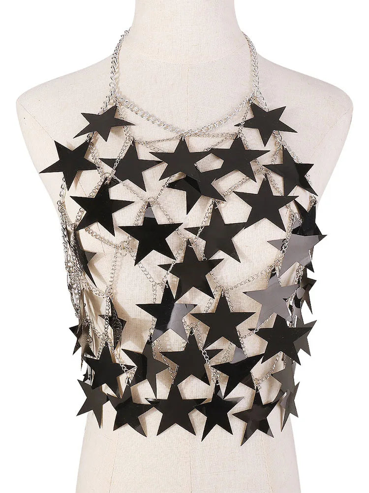 Metal Stars Sequins Bikini Tank Top Women See Through Fashion Solid Crop Tops Woman Holiday Beach Sexy Hot Girls Cover Up