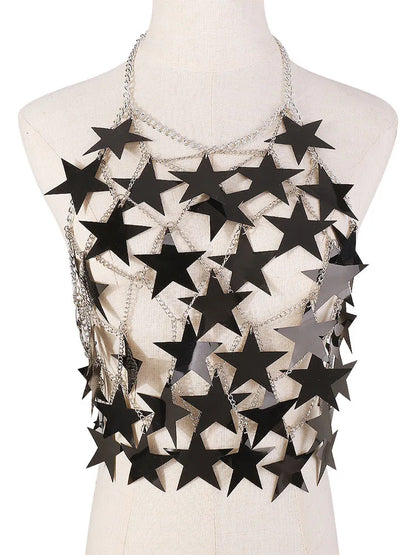 Metal Stars Sequins Bikini Tank Top Women See Through Fashion Solid Crop Tops Woman Holiday Beach Sexy Hot Girls Cover Up
