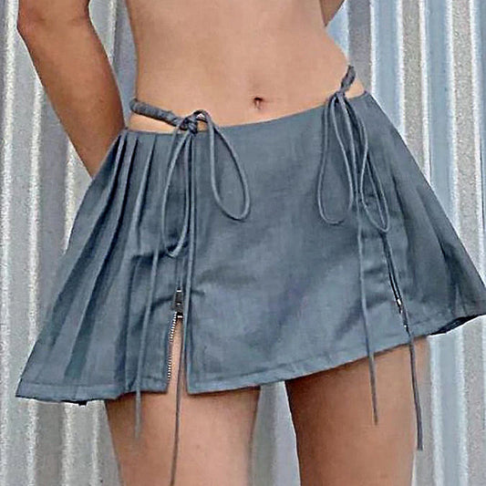 New Y2k Mini Skirts 90s Cute Streetwear Casual Grey Pleated Skirts With Belt Hot Zipped A-Line Women Short Skirt Summer