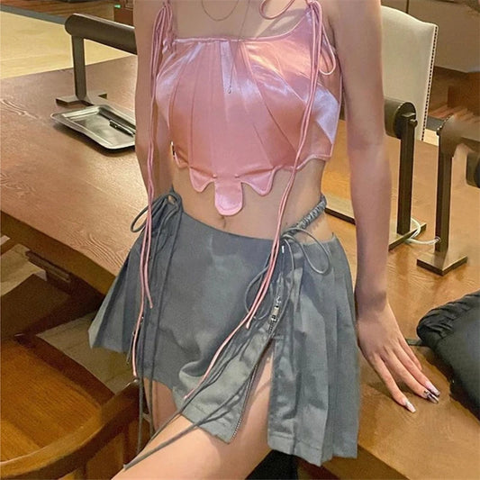 New Y2k Mini Skirts 90s Cute Streetwear Casual Grey Pleated Skirts With Belt Hot Zipped A-Line Women Short Skirt Summer