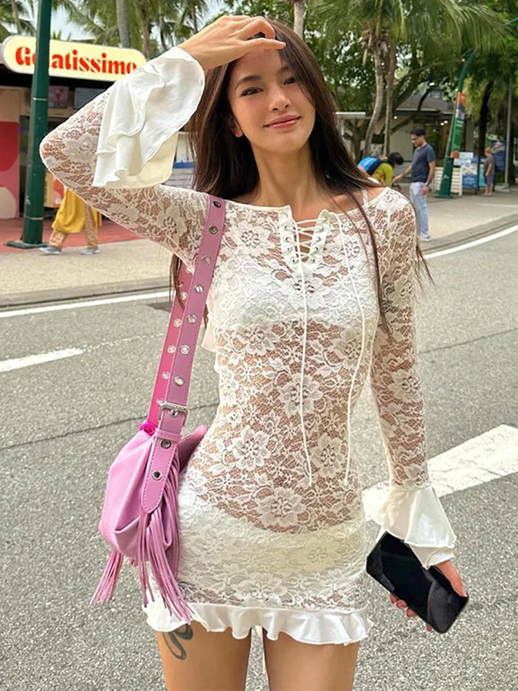 Ruffle Lace Dress For Women Off Shoulder Bandage See Through Mini Dresses Girls Summer Beach Backless Holiday Dress Woman