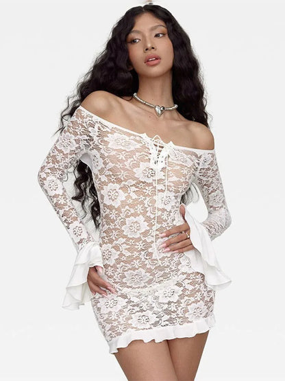 Ruffle Lace Dress For Women Off Shoulder Bandage See Through Mini Dresses Girls Summer Beach Backless Holiday Dress Woman