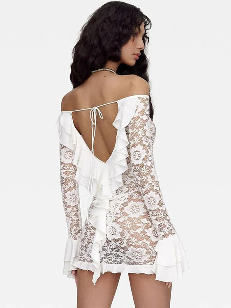 Ruffle Lace Dress For Women Off Shoulder Bandage See Through Mini Dresses Girls Summer Beach Backless Holiday Dress Woman