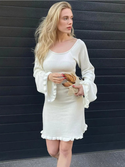 Sexy Backless Knitted Mini Dress For Women Lace Up Long Sleeve Solid Short Dresses Hot Girls Club High Waist Dress Femme