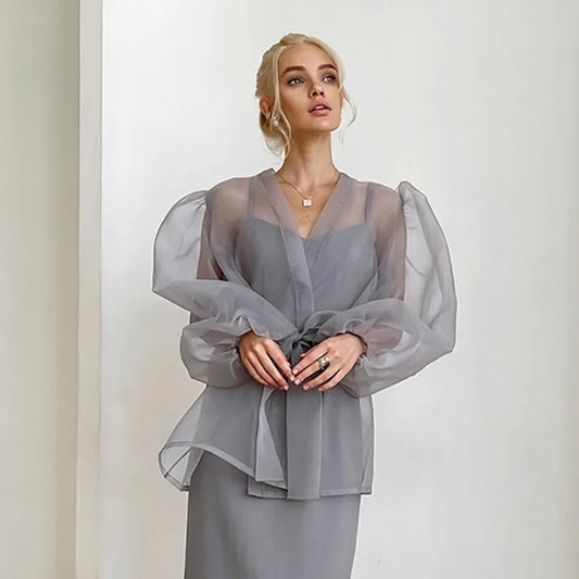Sheer Mesh Cover Up Beach Women Loose Long Sleeve V Neck Lace Shirts Ladies 2025 Summer Sexy See Through Bandage Cover-up