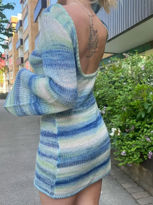 Striped Printed Knit Dress Cover Ups For Women Long Sleeve Loose Knitted Beach Swimwear Cover Ups Dress Backless Knitwear