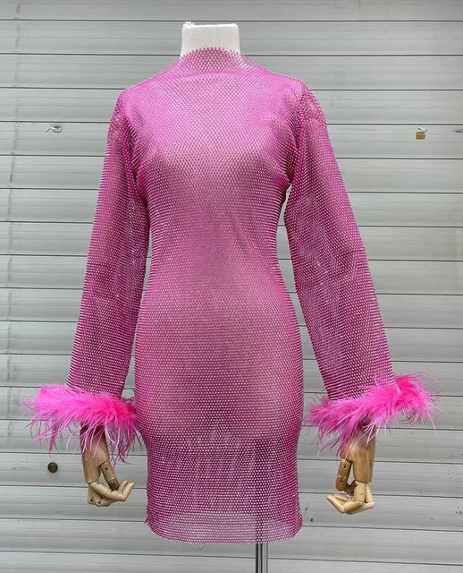 Weave Shiny Rhinestone Mini Dress Women Fashion Sexy See Through Cover-up Dresses Casual Loose Club Luxury Dress Ladies