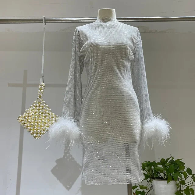 Weave Shiny Rhinestone Mini Dress Women Fashion Sexy See Through Cover-up Dresses Casual Loose Club Luxury Dress Ladies