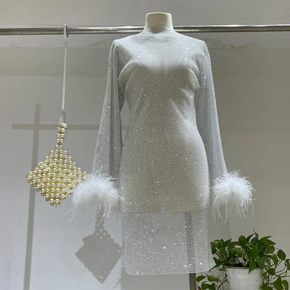 Weave Shiny Rhinestone Mini Dress Women Fashion Sexy See Through Cover-up Dresses Casual Loose Club Luxury Dress Ladies