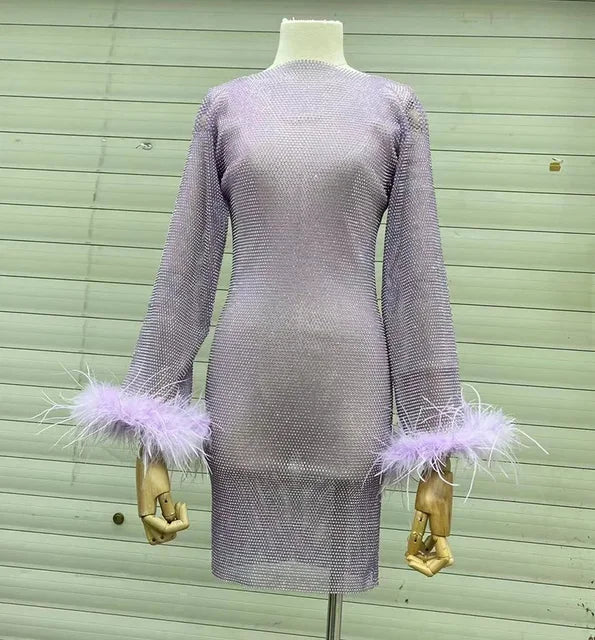 Weave Shiny Rhinestone Mini Dress Women Fashion Sexy See Through Cover-up Dresses Casual Loose Club Luxury Dress Ladies