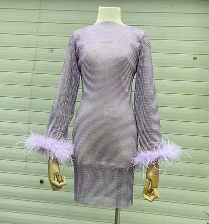 Weave Shiny Rhinestone Mini Dress Women Fashion Sexy See Through Cover-up Dresses Casual Loose Club Luxury Dress Ladies